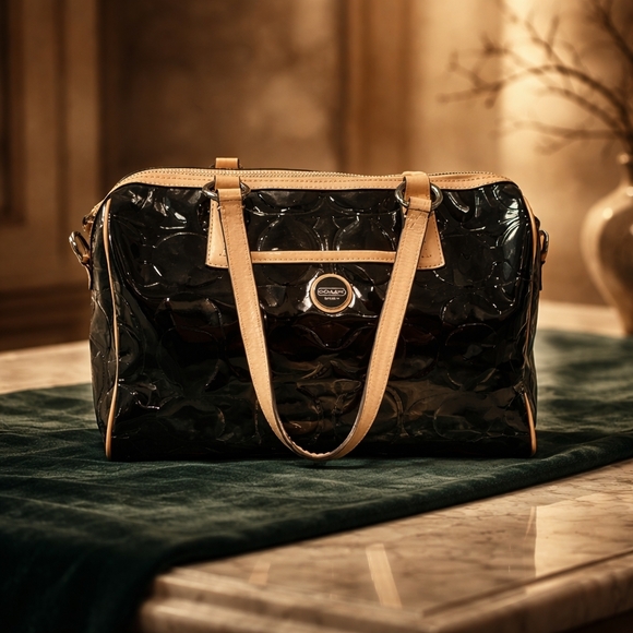 Coach Black and Tan Patent Leather Peyton Satchel - Picture 2 of 6